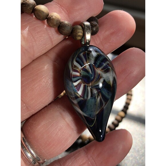 Handblown Glass Pendant On 20” Wooden Bead Necklace Boho Style Artisan Made 2008 - Picture 3 of 16